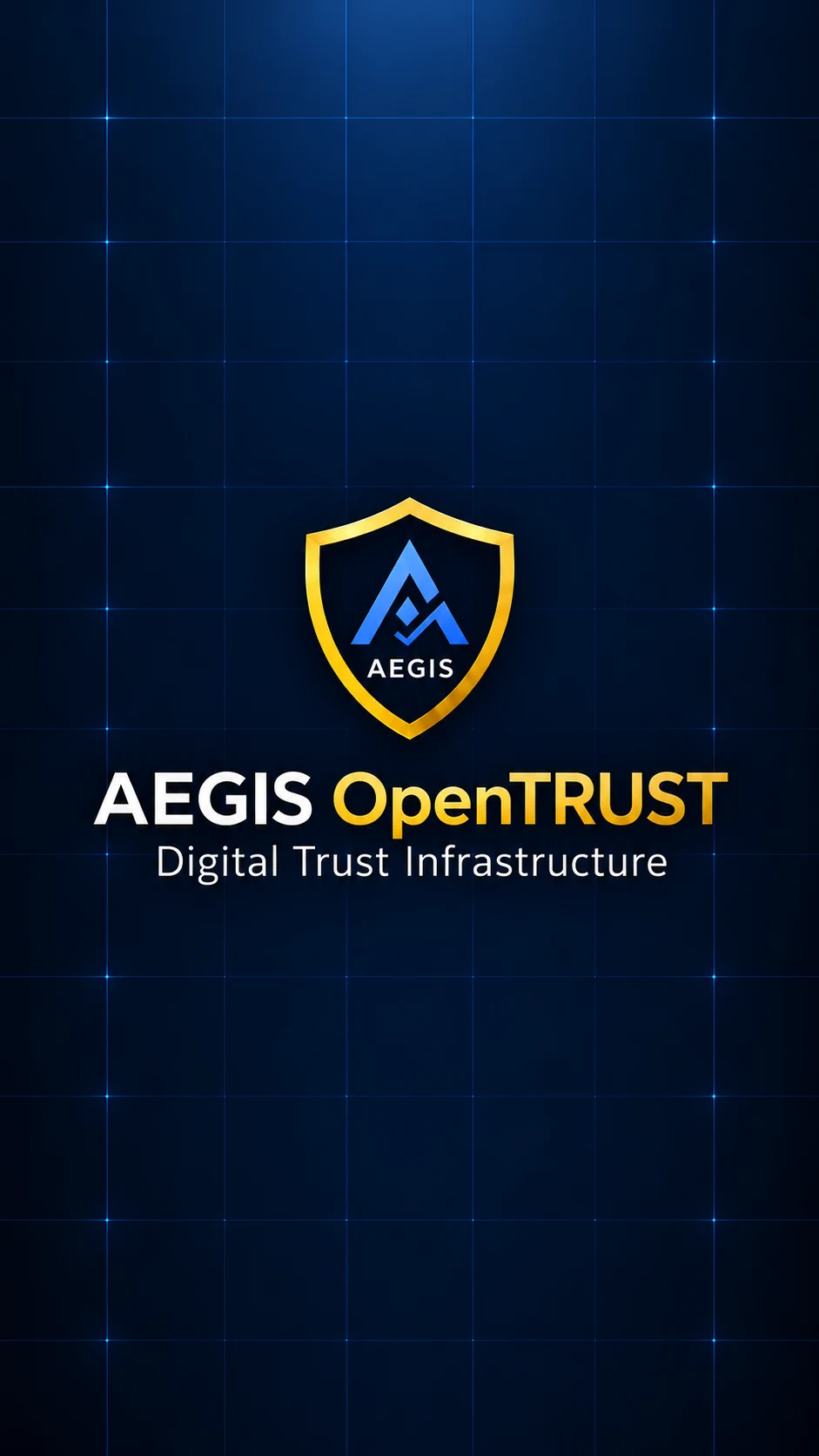 AEGIS OpenTRUST — Digital Trust Infrastructure โลโก้โล่สีทองและสัญลักษณ์สีน้ำเงิน